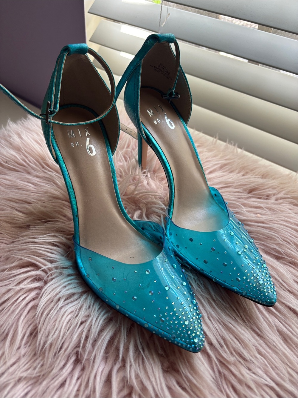 Mix No. 6 Teal Crystal-Embellished Pointed Toe Ankle Strap Heels